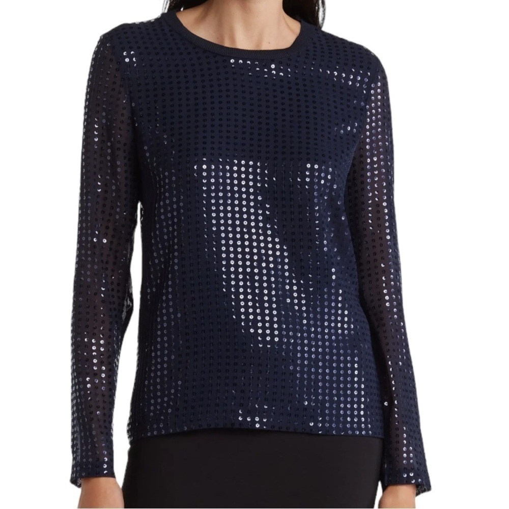 NWT Donna Karan sequin long sleeve blouse sheer sleeves in indigo sunset, S